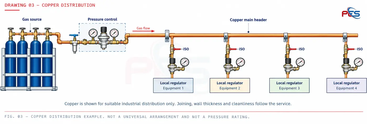 Copper gas distribution from gas source through pressure control and a copper main header to branch isolation and local regulators at equipment