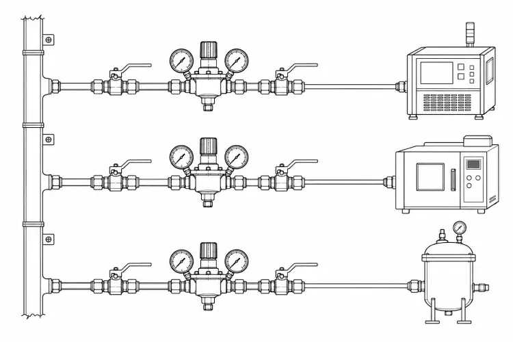 Common distribution header branching to three point-of-use regulators and equipment