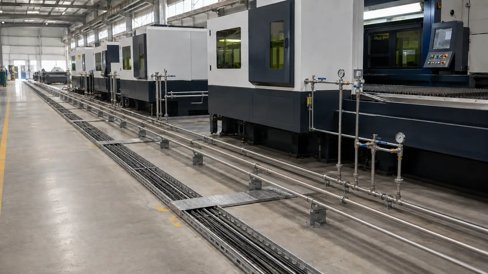 Gas piping installed at a laser machine